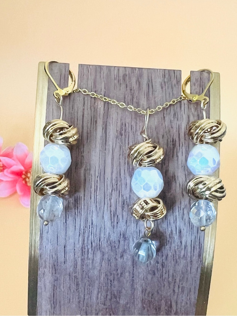 Gold plated earrings, pendant & necklaces set, crystal & white beads